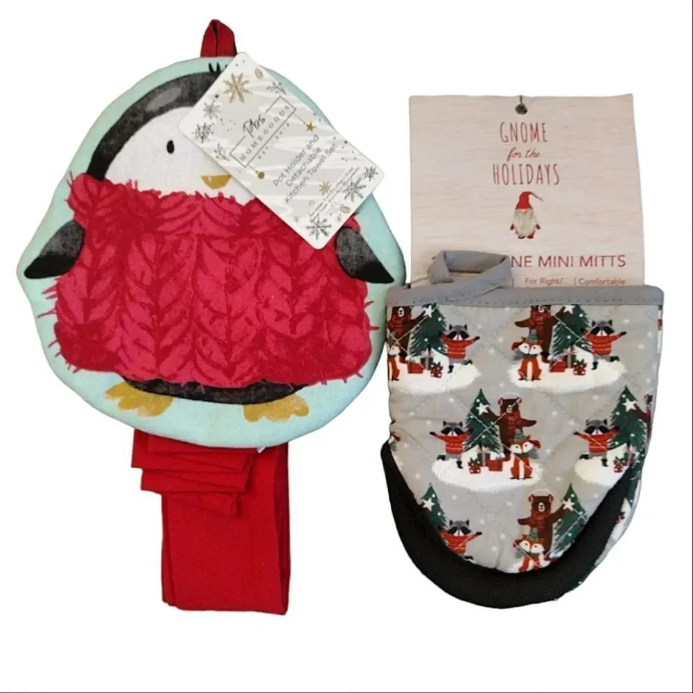 Christmas Themed Pot Holder Towel‎ Set & Mini Mitts Kitchen Bundle NWT